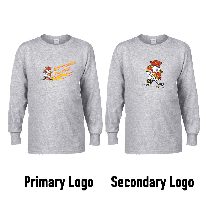 Minuteman Flames Gildan Long Sleeve T-Shirt in Black or Grey