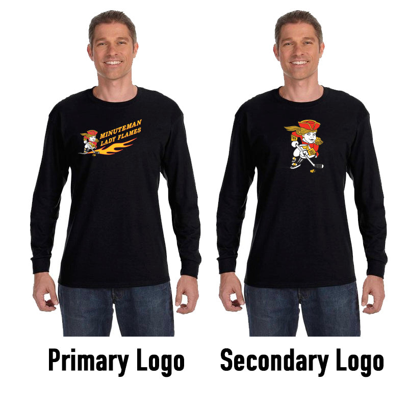 Minuteman Flames or Lady Flames Gildan Long Sleeve T-Shirt in Black or Grey